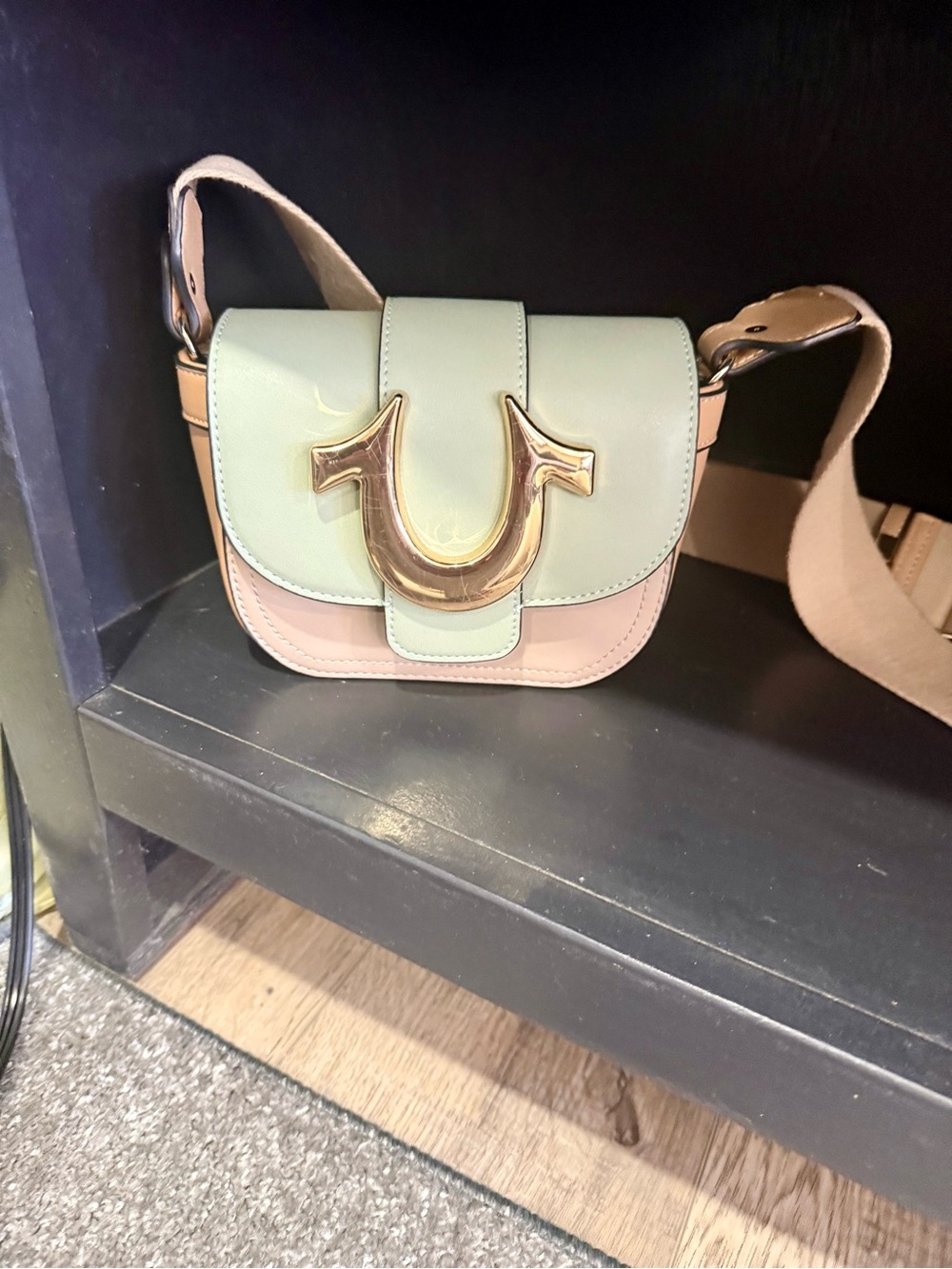 TRUE RELIGION Pastel Green and tan Leather Crossbody Bag with Gold Accent